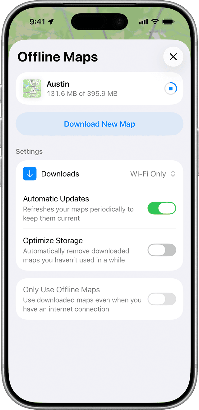 Apple cho phép quản lý bản đồ đã tải, xem lại dung lượng, xóa map cũ và giữ Automatic Updates để dữ liệu không quá lỗi thời. Ảnh: Apple Support