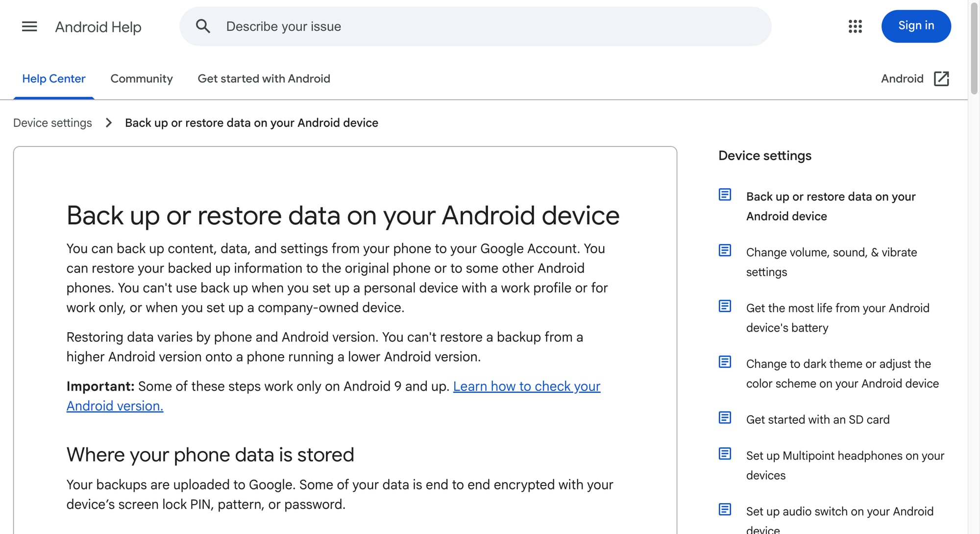 Trang Android Help về backup cho thấy Google lưu bản sao dữ liệu thiết bị vào tài khoản Google trước khi anh em reset hoặc chuyển máy.
