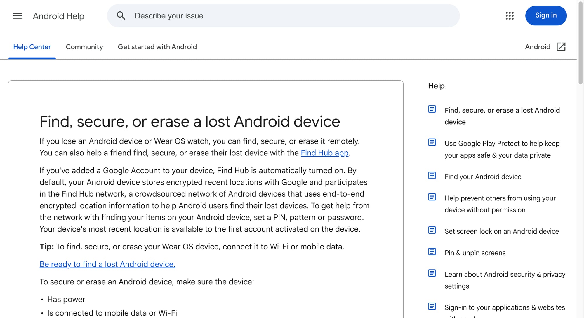 Android Help mô tả Find Hub là nơi có thể tìm, khóa hoặc xóa thiết bị từ xa nếu máy vẫn còn pin, còn mạng và đã đăng nhập Google Account.