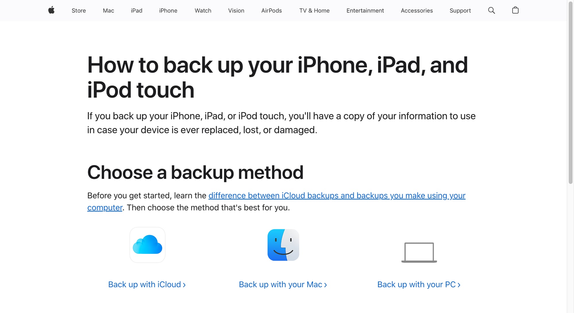 Apple Support nhắc người dùng chọn cách backup iPhone bằng iCloud hoặc máy tính trước khi chuyển máy hay xóa dữ liệu.