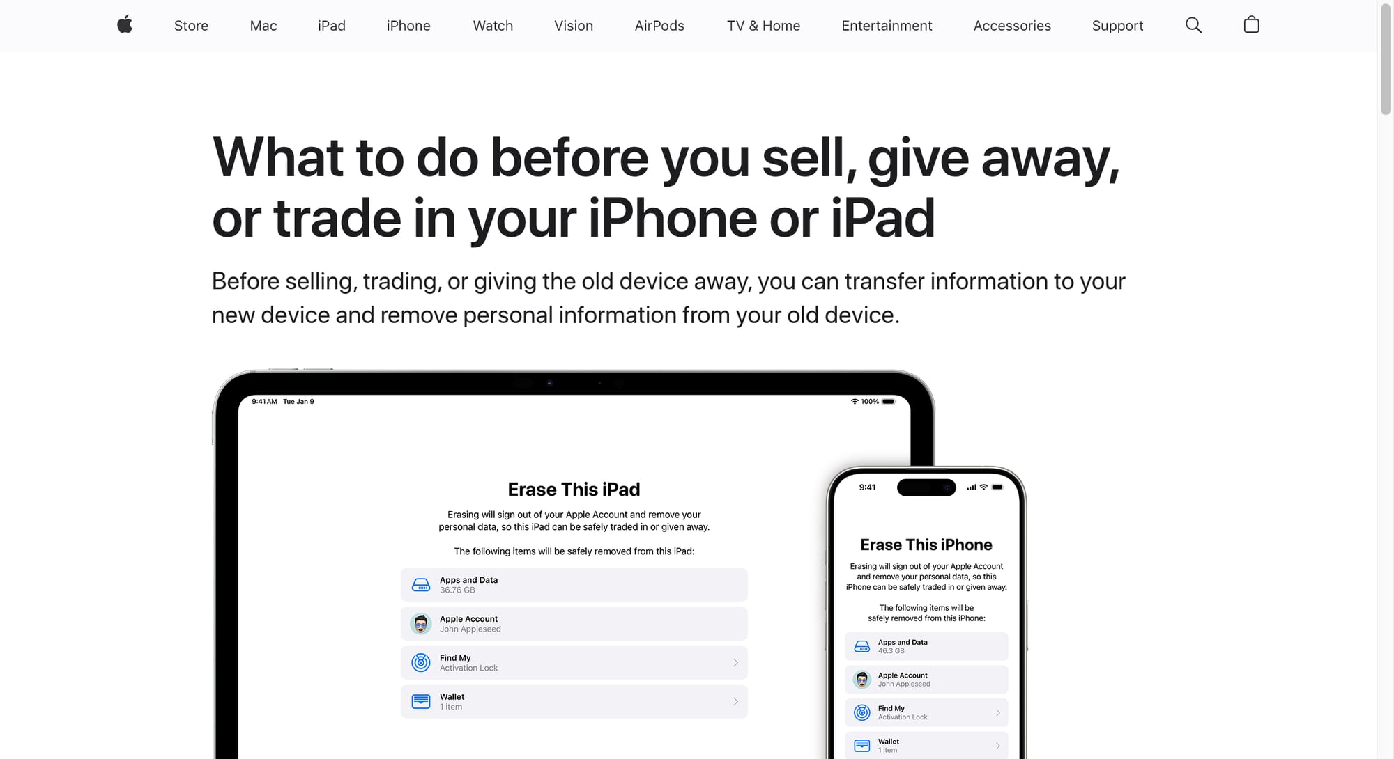 Apple Support hướng dẫn rõ thứ tự backup, sign out rồi mới Erase All Content and Settings trước khi bán, cho hoặc trade-in iPhone/iPad.