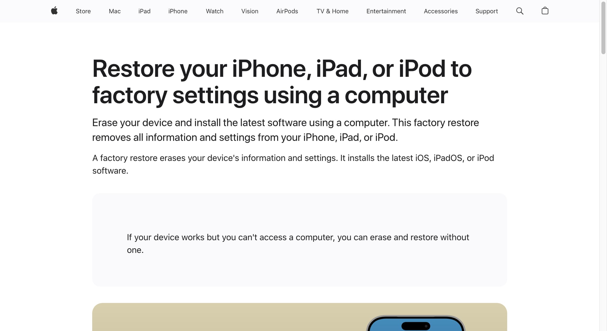 Apple Support hướng dẫn restore iPhone về factory settings bằng máy tính khi thiết bị cần cài lại sạch hoặc không tiện xóa hoàn toàn ngay trên máy.