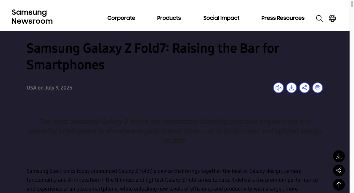Ảnh: Samsung Global Newsroom giới thiệu Galaxy Z Fold7 với điểm nhấn mỏng nhẹ hơn đáng kể.