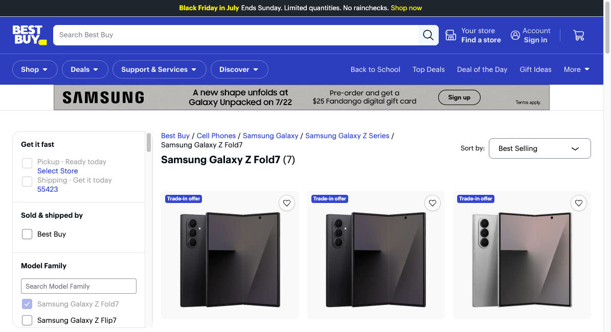 Ảnh: Best Buy đã lên listing Galaxy Z Fold7, cho thấy đà availability và mở bán rất rõ.