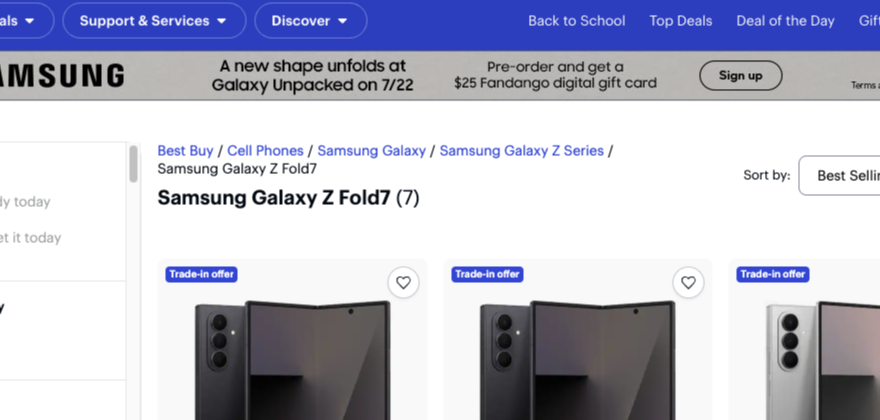 Ảnh: Cận cảnh listing Galaxy Z Fold7 trên Best Buy, cho thấy model, filter bộ nhớ và đà mở bán đã vào nhịp rất rõ.
