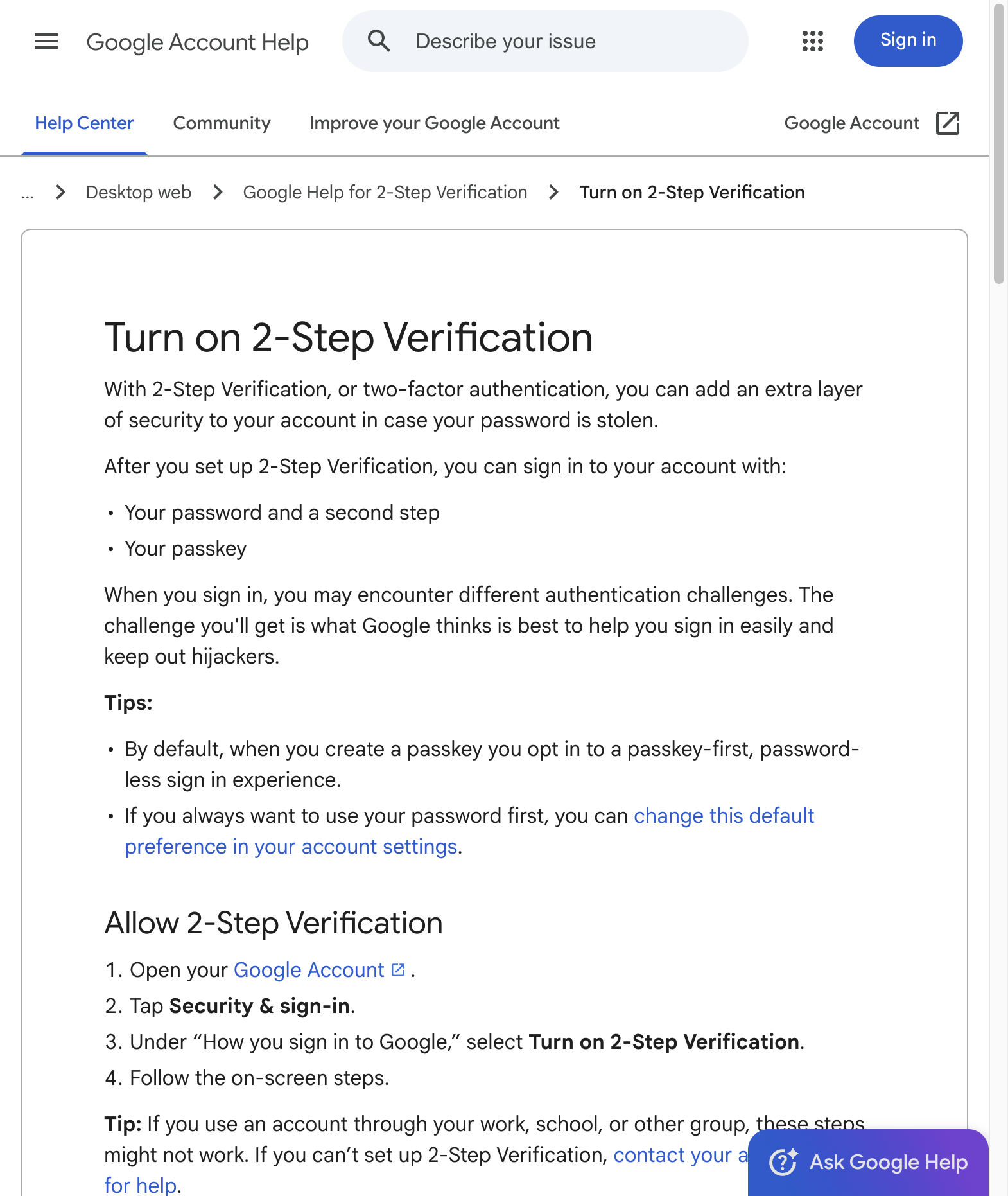 Google Account Help giải thích 2-Step Verification thêm một lớp bảo mật ngoài mật khẩu và liệt kê các bước bật trong phần Security & sign-in. Ảnh chụp nguồn: Google Account Help
