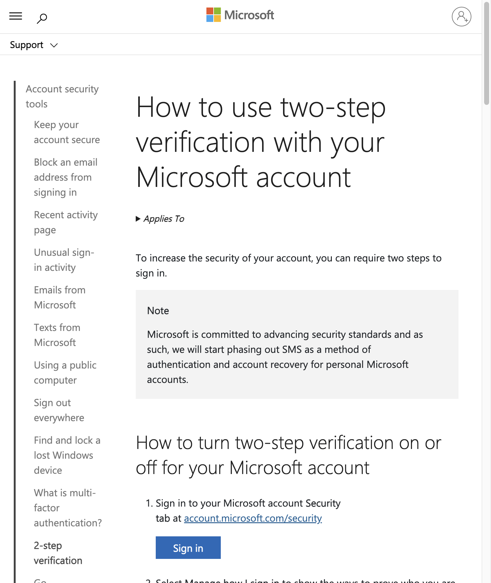 Microsoft Support nhấn mạnh 2-step verification tăng bảo mật tài khoản và lưu ý Microsoft đang dần loại bỏ SMS như một phương thức xác thực và khôi phục cho tài khoản cá nhân. Ảnh chụp nguồn: Microsoft Support