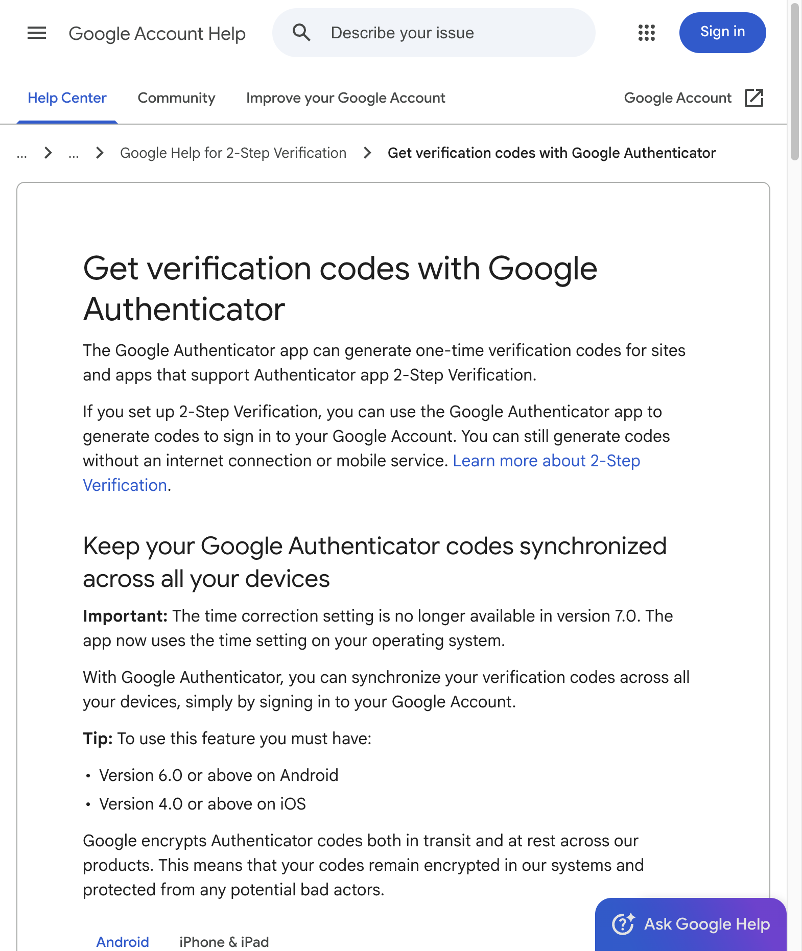 Google Account Help cho biết Google Authenticator có thể tạo mã xác minh một lần và hiện hỗ trợ đồng bộ mã qua Google Account để dùng trên nhiều thiết bị. Ảnh chụp nguồn: Google Account Help