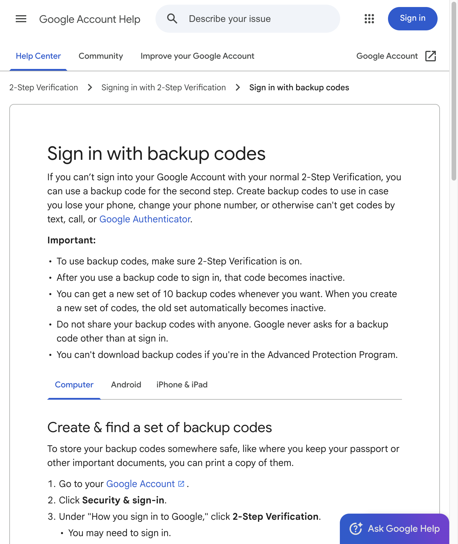 Google Account Help hướng dẫn tạo và lưu backup codes, đồng thời nhấn mạnh mỗi mã chỉ dùng một lần và nên cất ở nơi an toàn. Ảnh chụp nguồn: Google Account Help