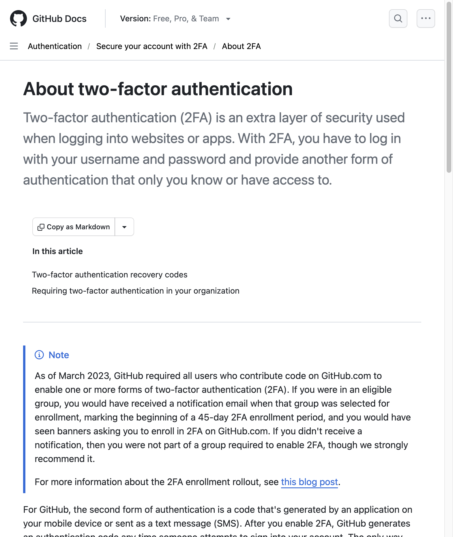 GitHub Docs giải thích 2FA là lớp bảo vệ bổ sung ngoài username và password, đồng thời cảnh báo phải giữ recovery methods để tránh khóa tài khoản nếu mất thiết bị. Ảnh chụp nguồn: GitHub Docs