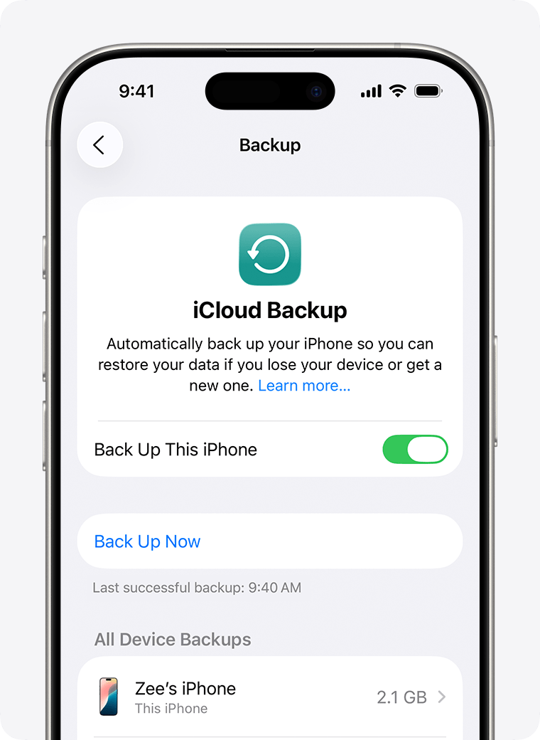 Ảnh từ Apple Support: màn hình iCloud Backup trên iPhone cho thấy nút Back Up Now và trạng thái sao lưu gần nhất.