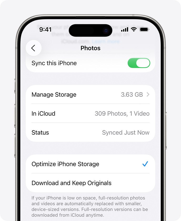Ảnh từ Apple Support: màn hình tối ưu hóa ảnh trên iPhone cho thấy cách iCloud Photos tách với backup và có thể giảm dung lượng lưu trên máy.