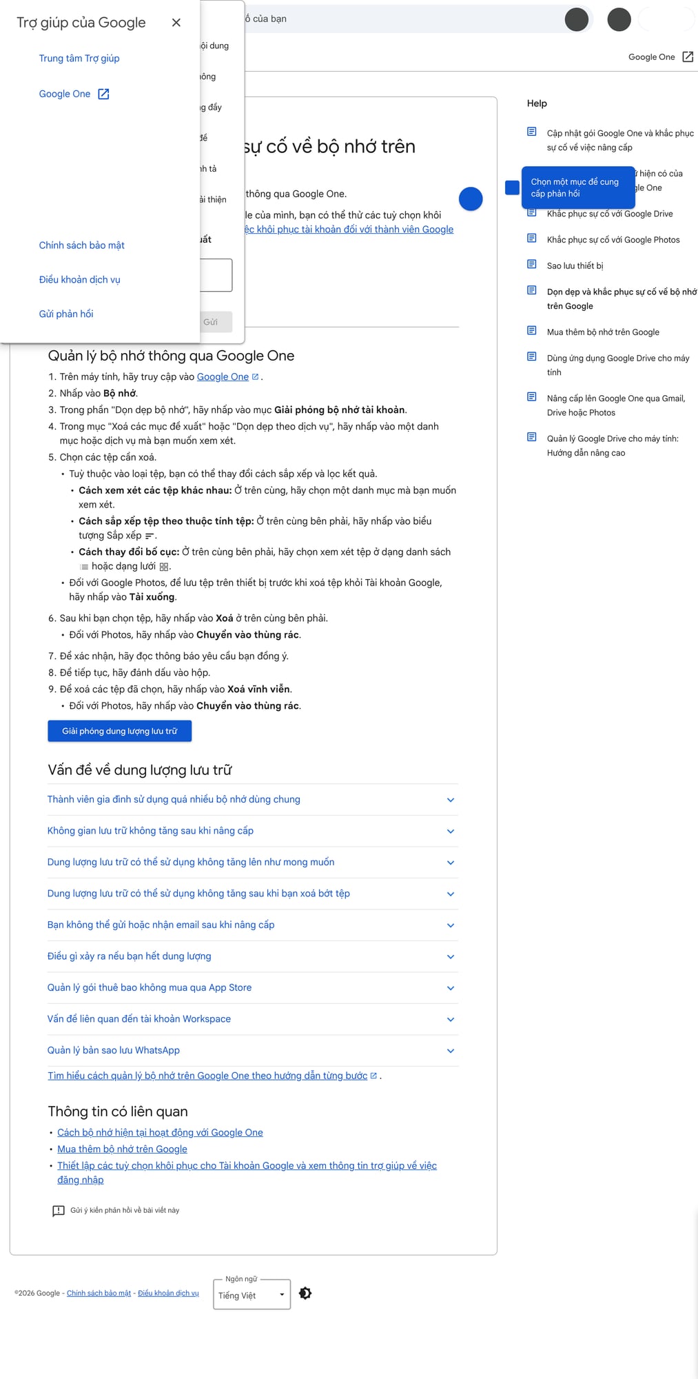 Ảnh chụp từ Google One Help minh họa khu vực dọn bộ nhớ tài khoản và các nhóm nội dung cần xem lại trước khi xóa.