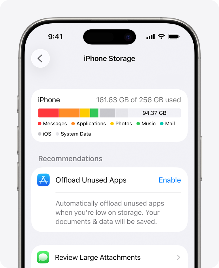 Ảnh chụp từ Apple Support minh họa mục iPhone Storage trong Settings, nơi người dùng có thể xem ứng dụng nào đang chiếm nhiều bộ nhớ nhất trên máy.