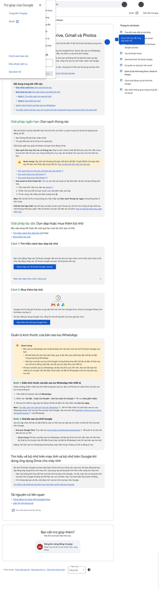 Ảnh chụp từ trang hỗ trợ chính thức của Google cho thấy Gmail, Drive và Photos cùng dùng chung dung lượng tài khoản, nên một dịch vụ đầy sẽ ảnh hưởng cả ba.