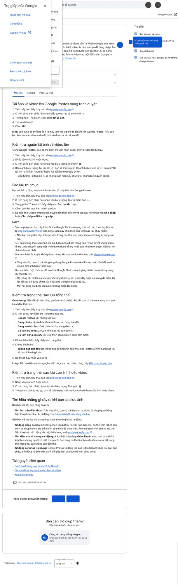 Ảnh chụp từ trang hỗ trợ Google Photos về kiểm tra trạng thái sao lưu, nhắc anh em xác nhận ảnh đã backup trước khi đụng vào bước dọn máy hay xóa bớt.