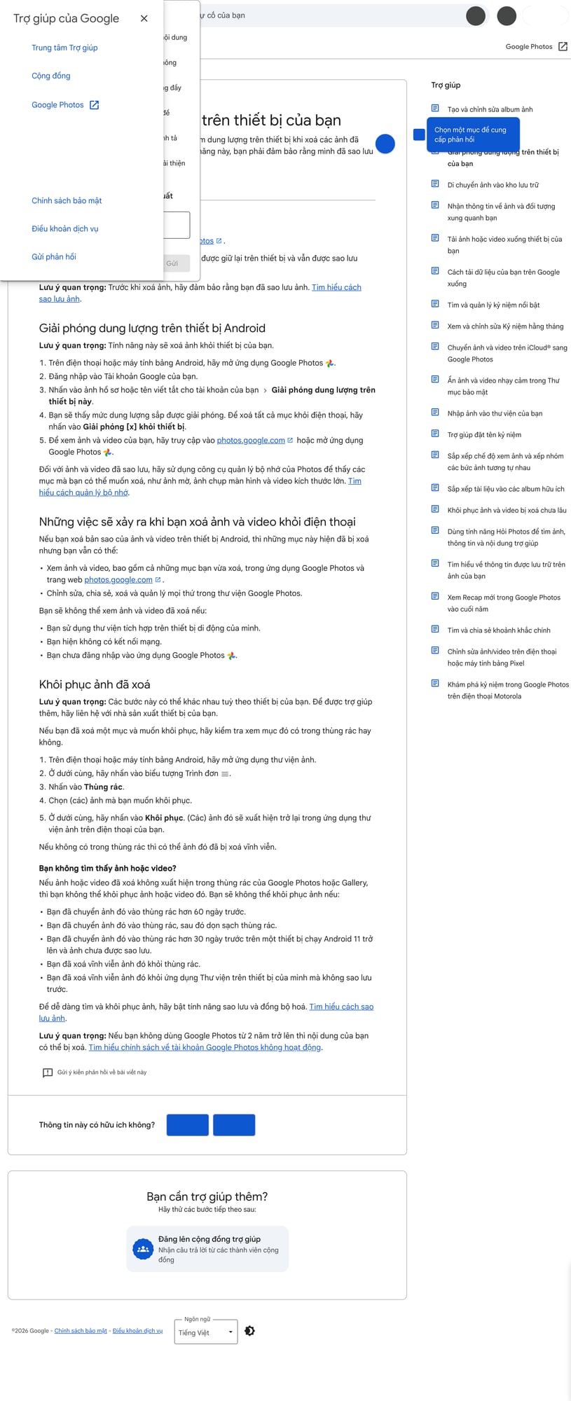 Ảnh chụp từ trang hỗ trợ chính thức của Google Photos mô tả tính năng giải phóng dung lượng trên thiết bị sau khi ảnh đã sao lưu an toàn.