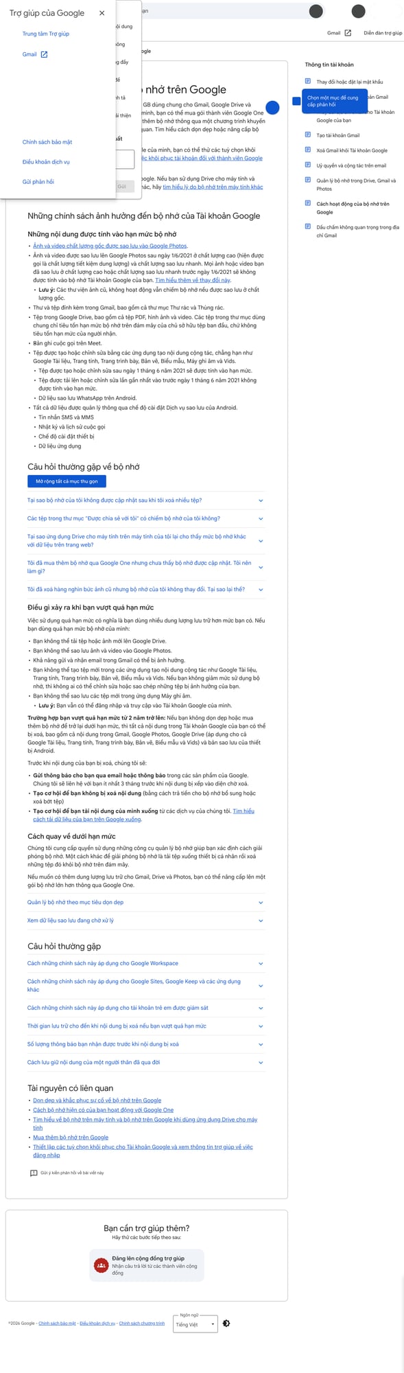 Ảnh chụp từ bài hỗ trợ của Google giải thích các chính sách liên quan tới bộ nhớ tài khoản và điều gì có thể xảy ra nếu cứ để đầy quá lâu.