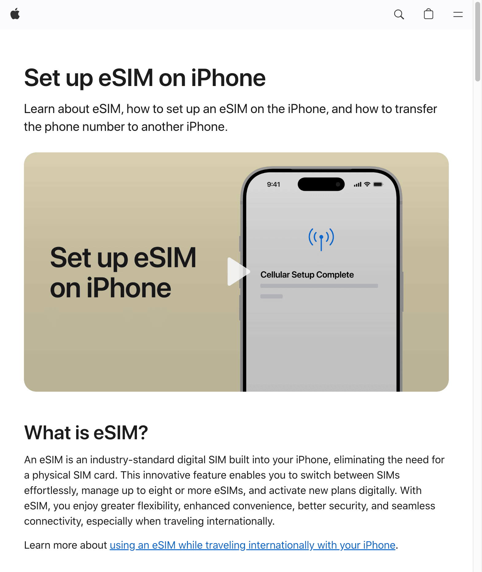 Apple Support cho thấy eSIM trên iPhone có thể kích hoạt số mới hoặc chuyển số mà không cần SIM nhựa. Ảnh chụp nguồn: Apple Support