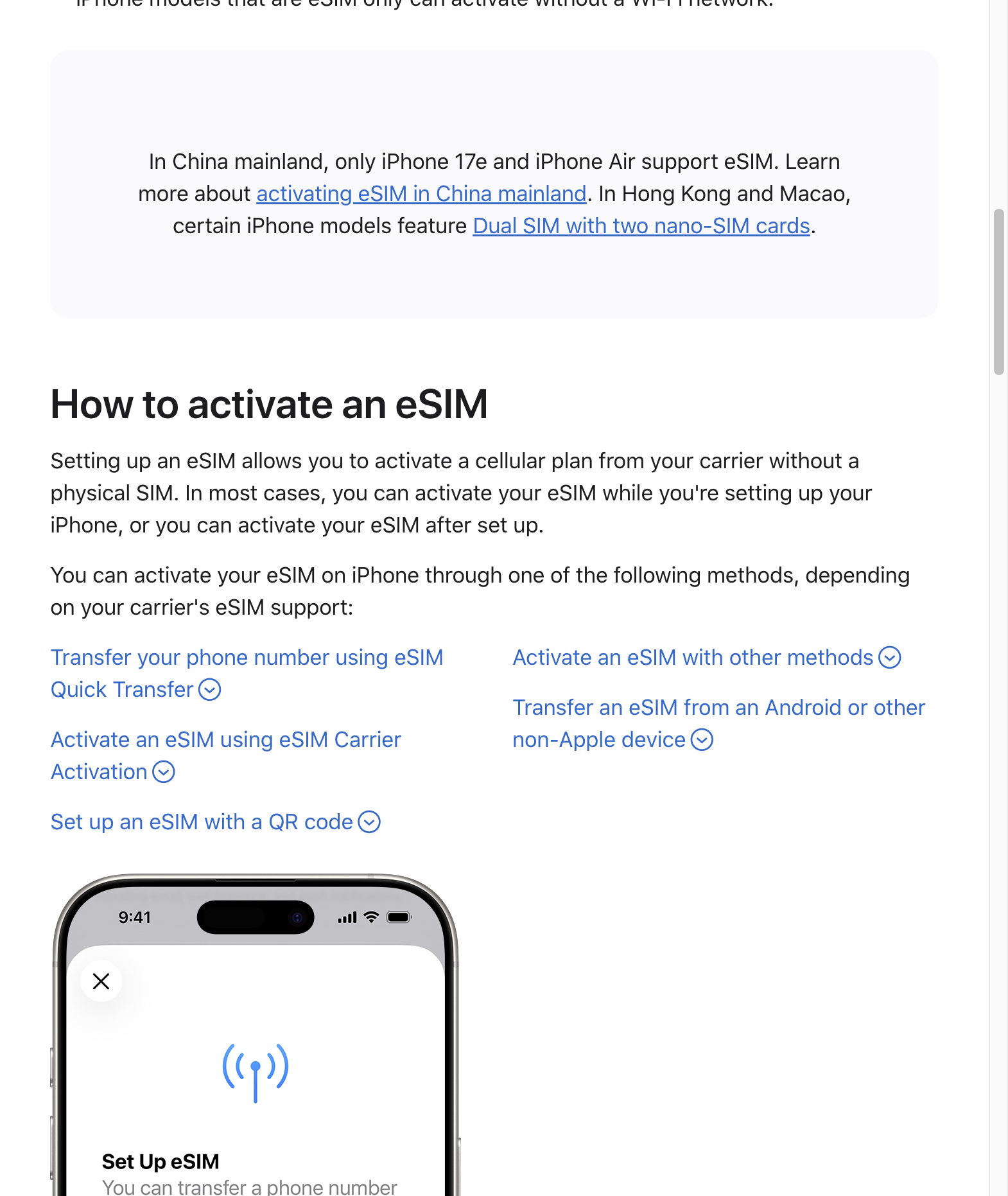 Apple Support mô tả nhiều cách kích hoạt eSIM trên iPhone, gồm chuyển từ iPhone cũ, QR code hoặc carrier activation. Ảnh chụp nguồn: Apple Support