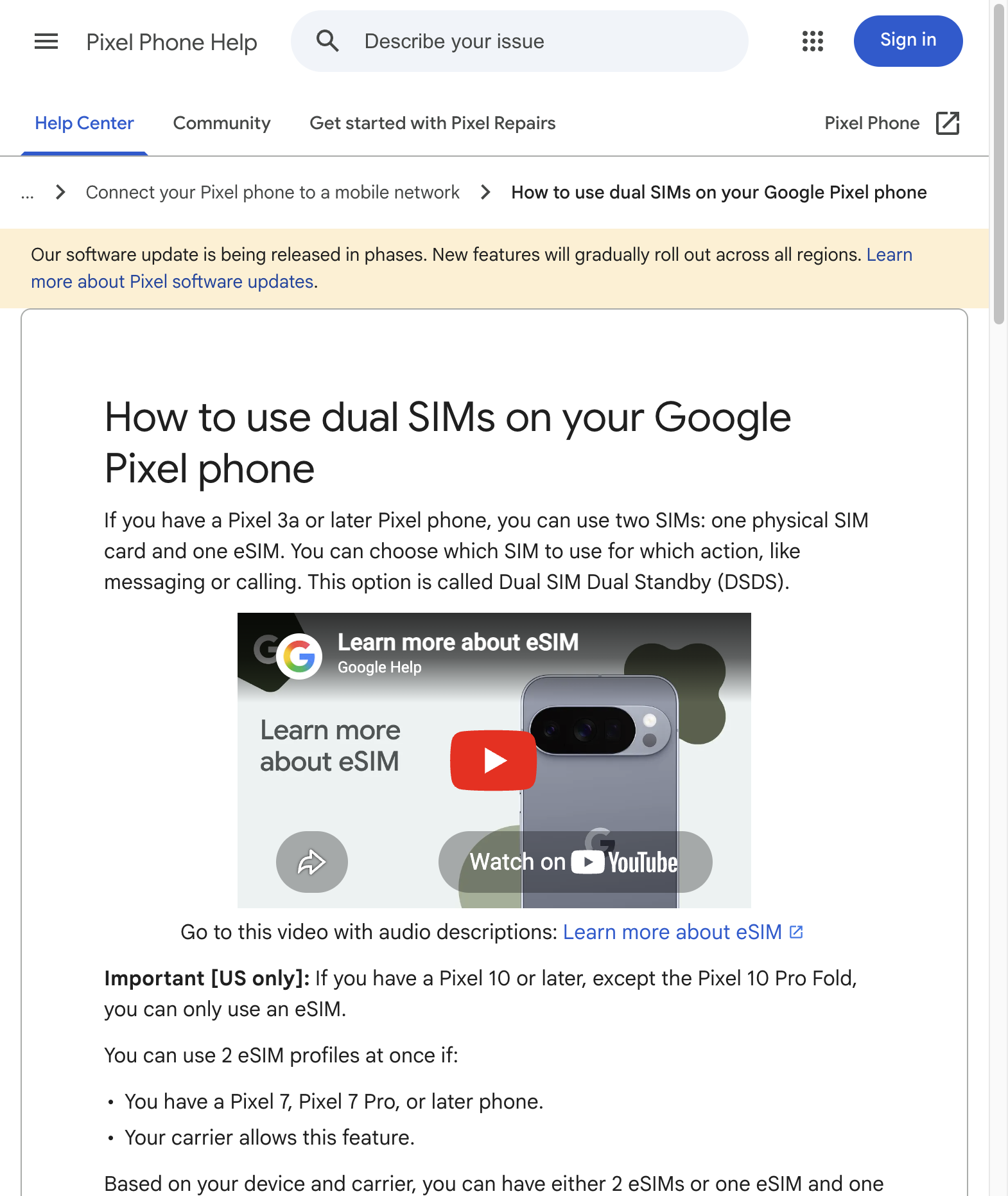 Google Pixel Help cho thấy eSIM đặc biệt hữu ích khi người dùng muốn kết hợp SIM vật lý với eSIM hoặc dùng hai eSIM trên máy tương thích. Ảnh chụp nguồn: Google Pixel Help