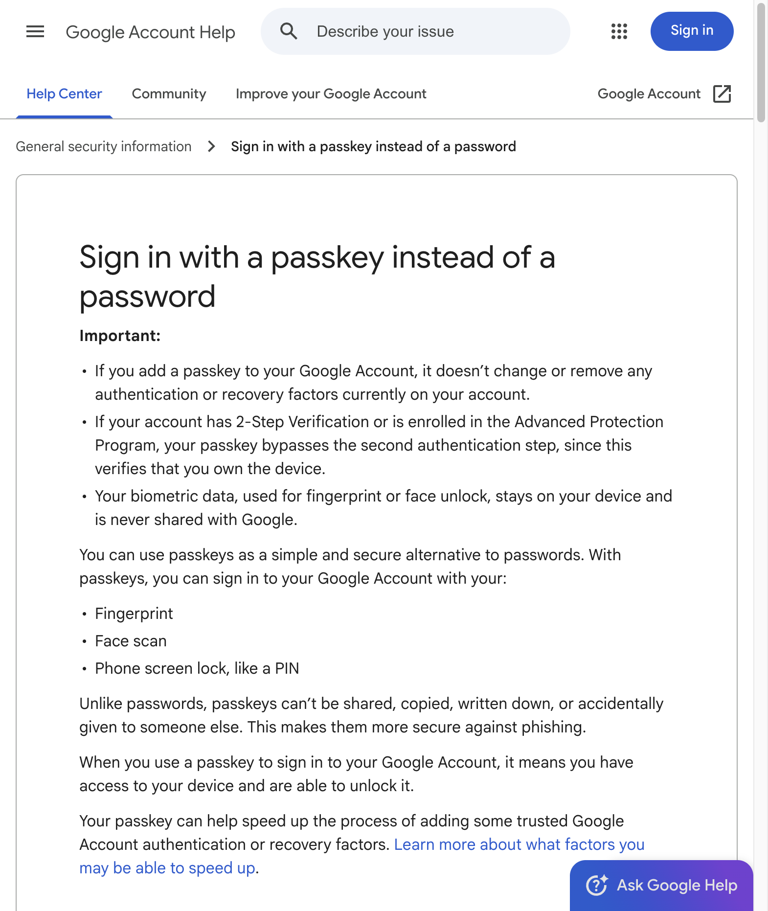 Google Account Help giải thích passkey cho phép đăng nhập bằng vân tay, khuôn mặt hoặc mã PIN và nhấn mạnh dữ liệu sinh trắc học không rời khỏi thiết bị. Ảnh chụp nguồn: Google Account Help