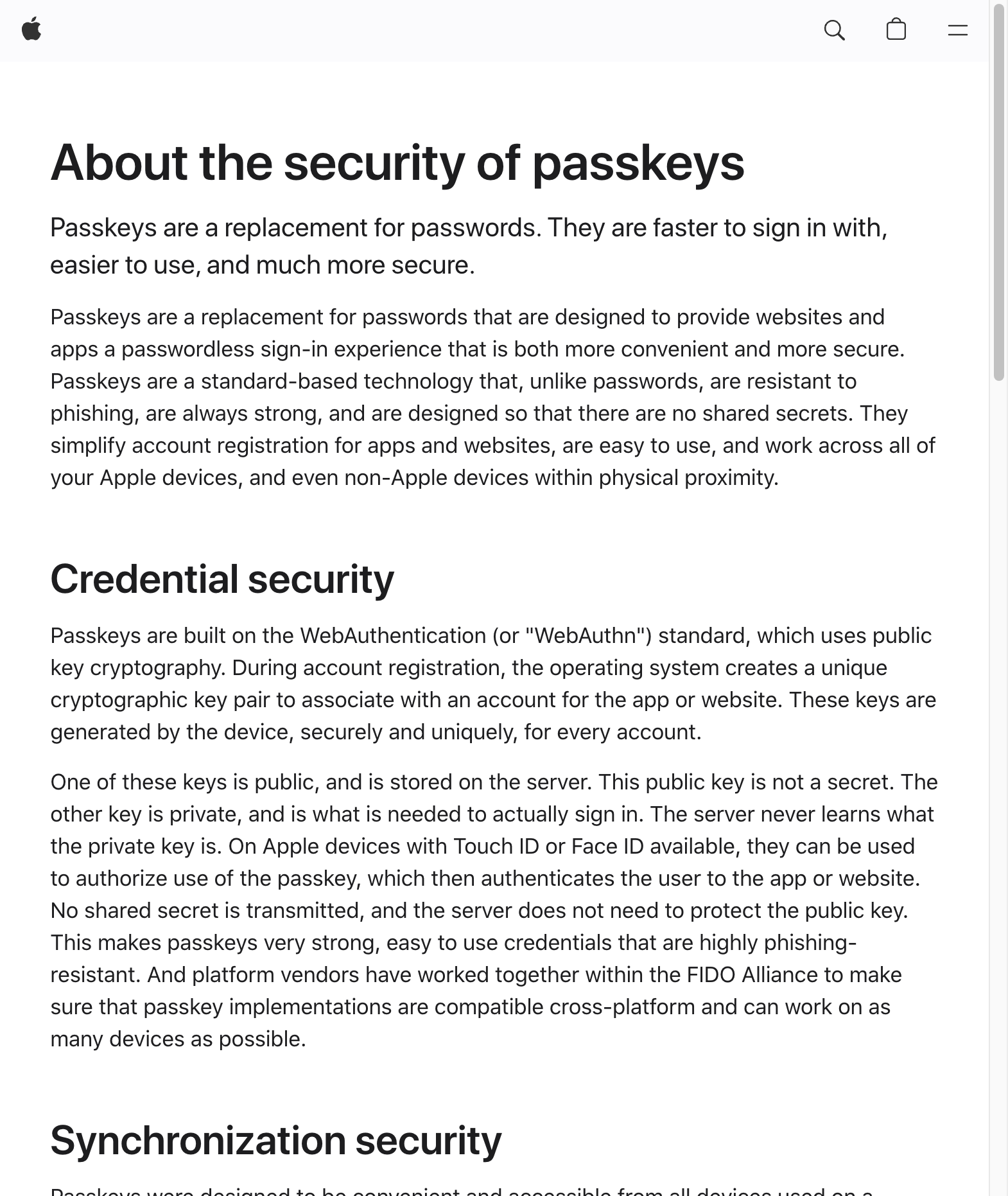 Apple Support mô tả passkey là cơ chế đăng nhập không cần mật khẩu, dùng cặp khóa mật mã riêng cho từng tài khoản và chống phishing tốt hơn. Ảnh chụp nguồn: Apple Support