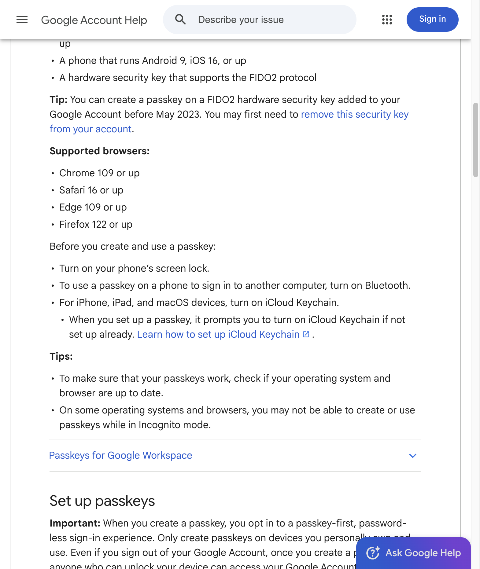 Google Account Help liệt kê rõ yêu cầu thiết bị, trình duyệt và các điều kiện như bật khóa màn hình hay iCloud Keychain trước khi dùng passkey. Ảnh chụp nguồn: Google Account Help