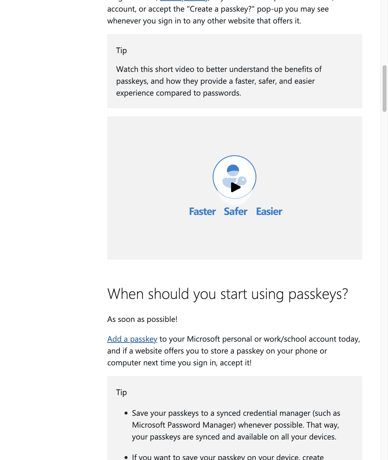 Microsoft Support giải thích passkey dùng được trên nhiều thiết bị, có thể đồng bộ qua trình quản lý thông tin xác thực và hỗ trợ xác thực chéo thiết bị trong phạm vi gần. Ảnh chụp nguồn: Microsoft Support