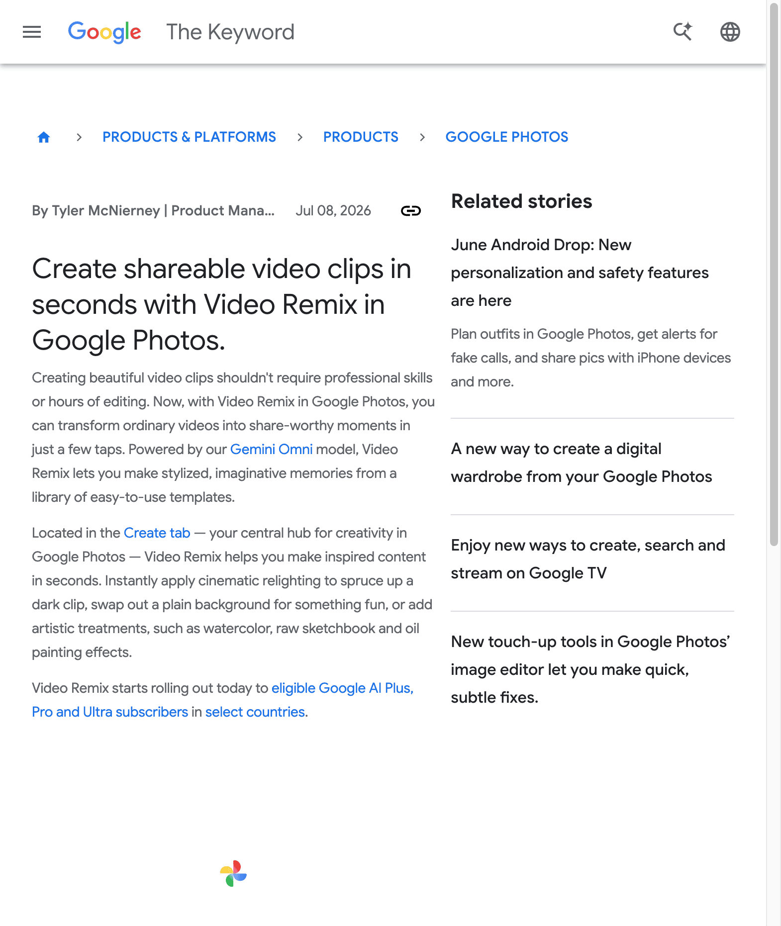 Ảnh chụp bài giới thiệu Video Remix trên Google Photos