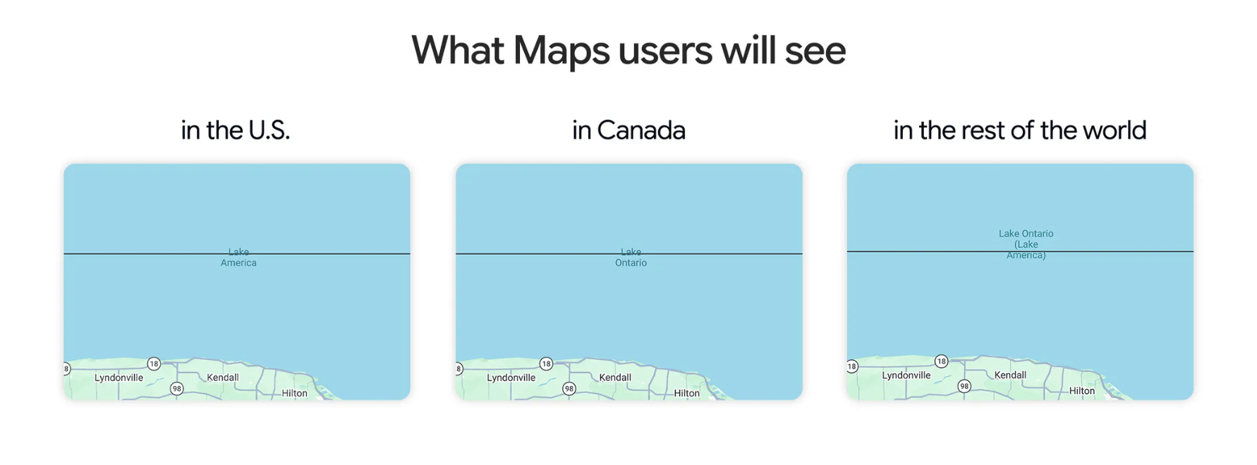 Bản đồ so sánh tên hồ hiển thị tại Mỹ, Canada và các khu vực khác.