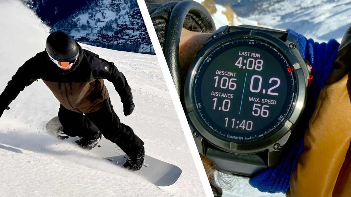 Người trượt tuyết và đồng hồ Garmin hiển thị dữ liệu hoạt động trên tuyết.
