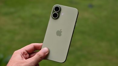 iPhone 17 màu xanh được cầm trên tay ngoài trời, thấy rõ cụm camera kép ở mặt lưng.
