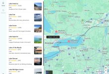 Giao diện Google Maps tại Mỹ hiển thị Lake America ở khu vực hồ Ontario
