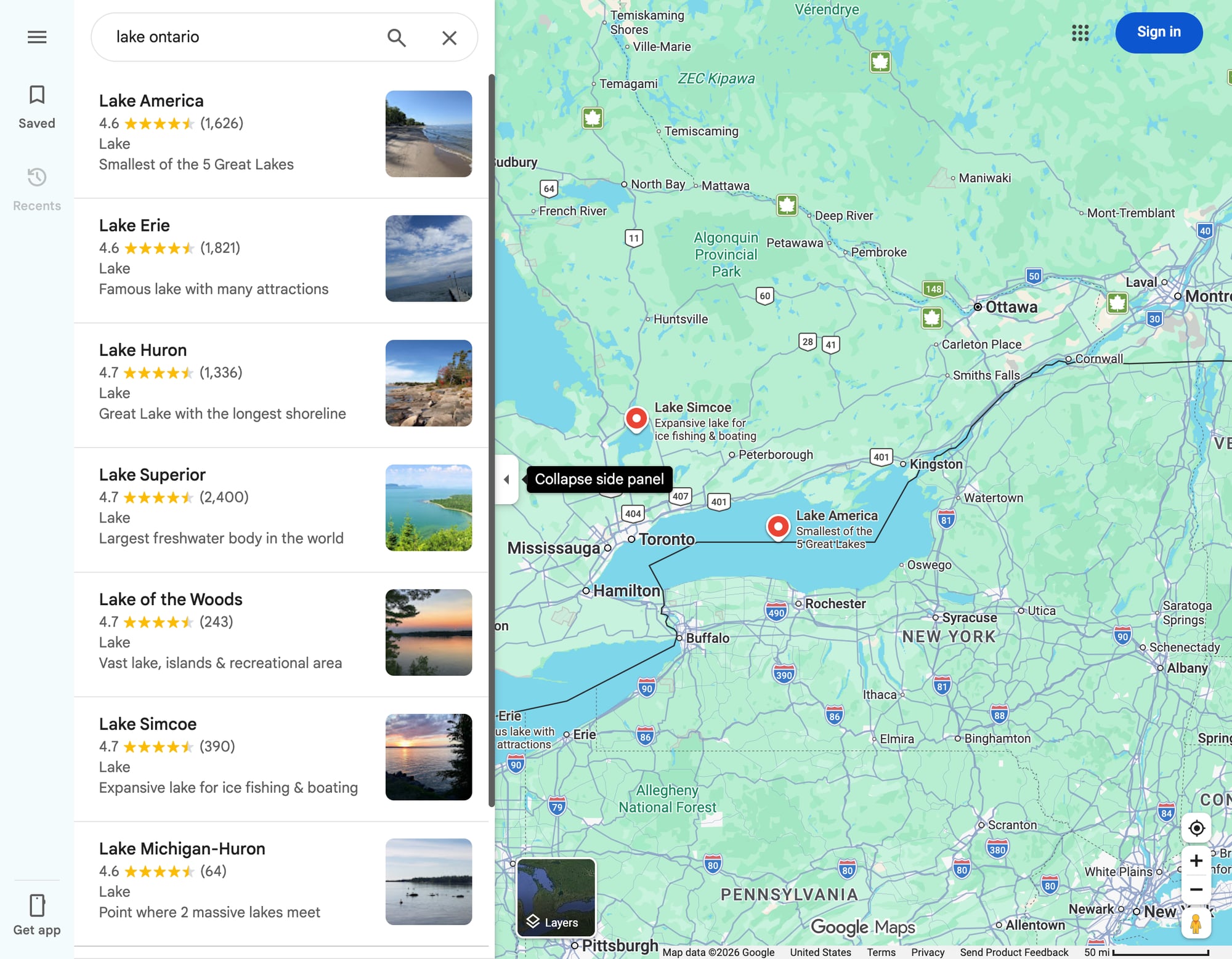 Giao diện Google Maps tại Mỹ hiển thị Lake America ở khu vực hồ Ontario