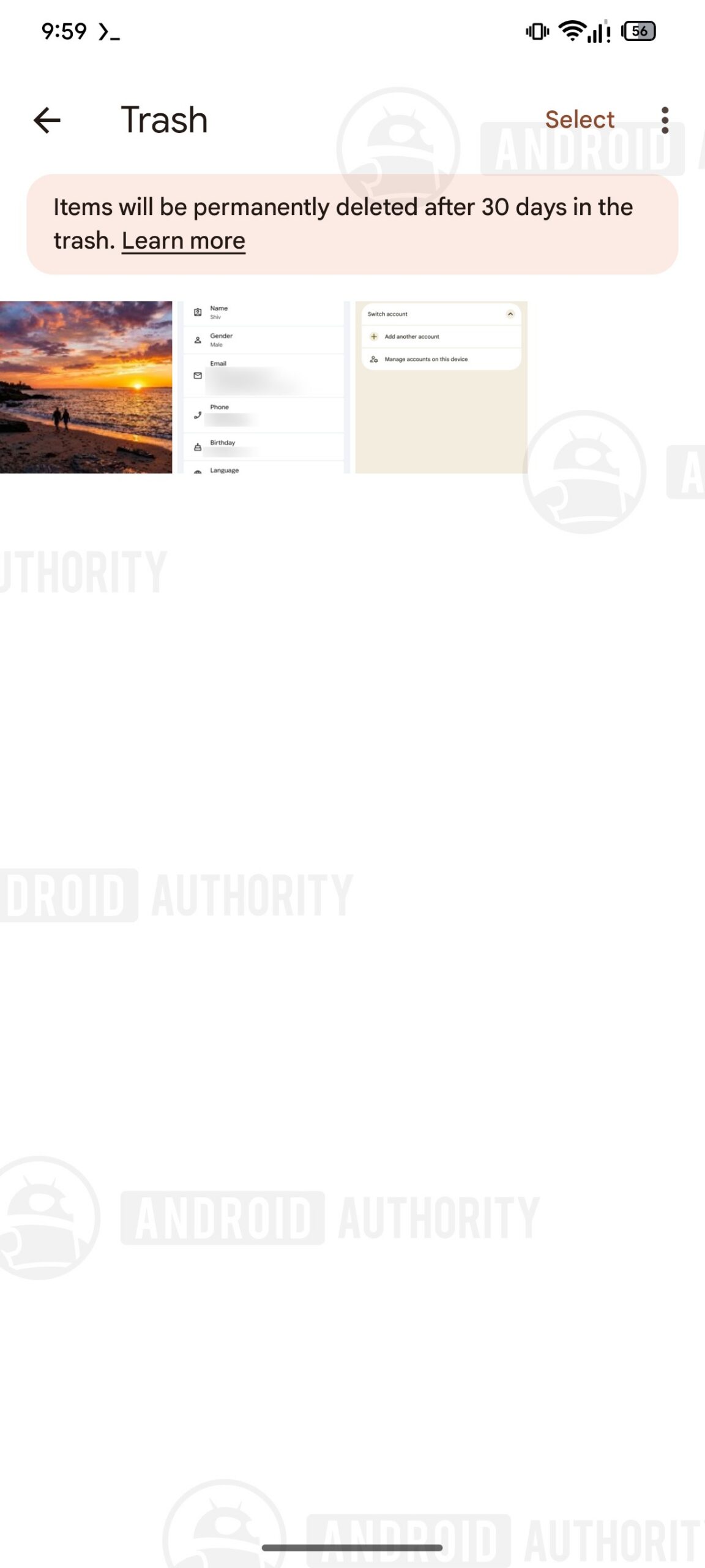 Giao diện Thùng rác Google Photos trong bản thử nghiệm với mốc 30 ngày