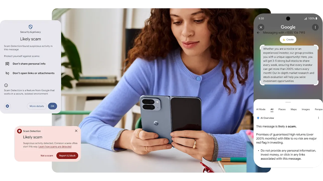 Ảnh: Android.com, hình minh hoạ chính thức về nhận diện rủi ro và lừa đảo trên điện thoại.