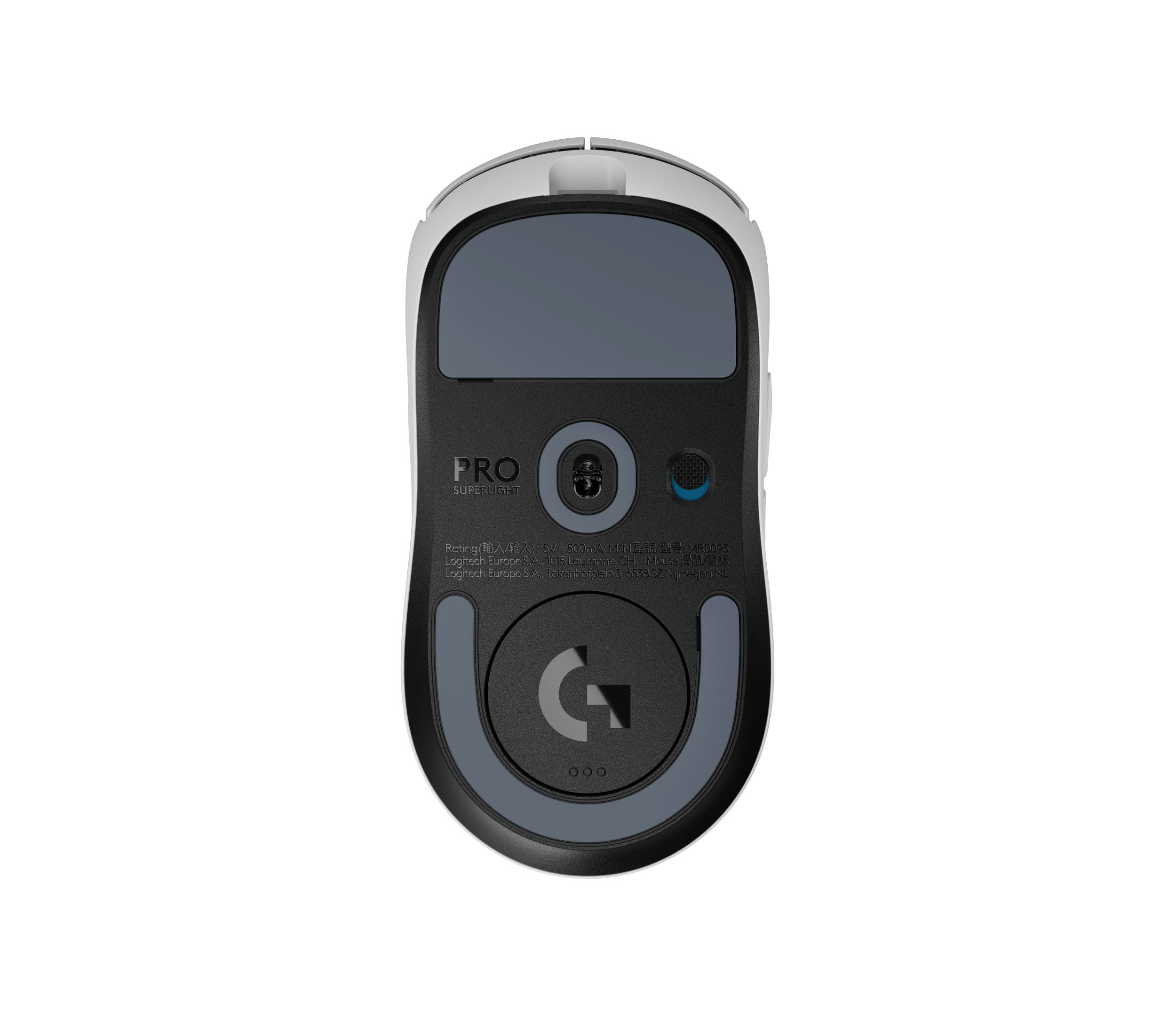 Mặt đáy Logitech G PRO X SUPERLIGHT 2 với feet trượt và cảm biến; cảm giác di chuột phụ thuộc cả chân chuột lẫn bề mặt pad. Ảnh: Logitech G