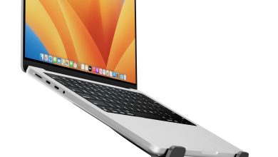 Đế Twelve South Curve Flex nâng laptop ở góc nghiêng cao; ảnh minh họa cơ chế nâng màn hình và bàn phím. Ảnh: Twelve South