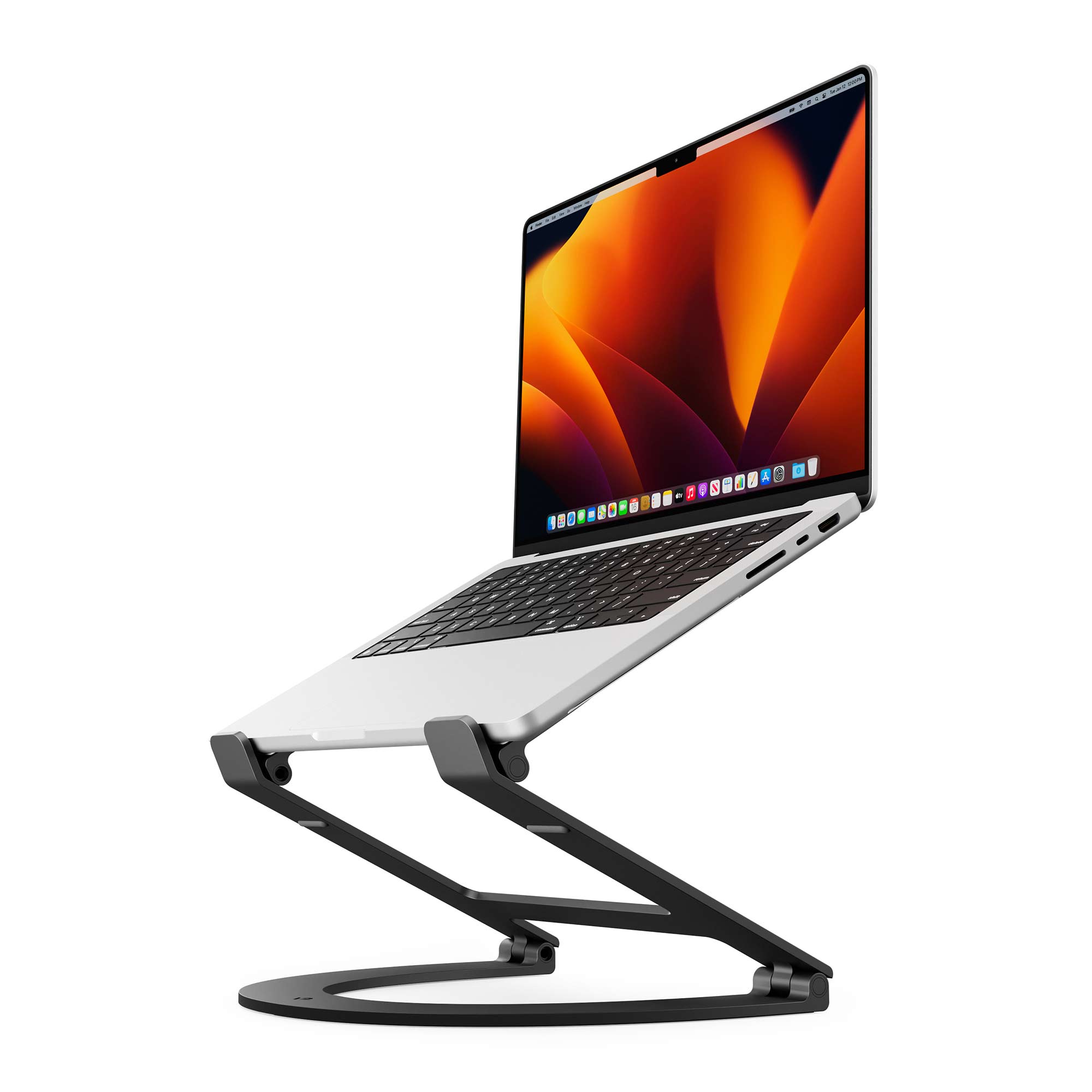 Laptop trên Curve Flex với khớp gập và chân đế rộng; ảnh minh họa độ ổn định và góc màn hình. Ảnh: Twelve South