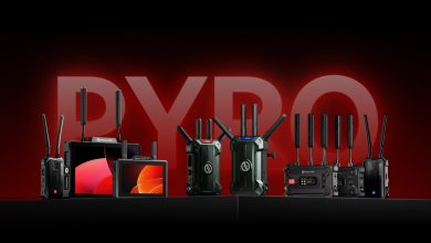 Hollyland Pyro Ultra trong bối cảnh ekip quay; ảnh sản phẩm từ Hollyland