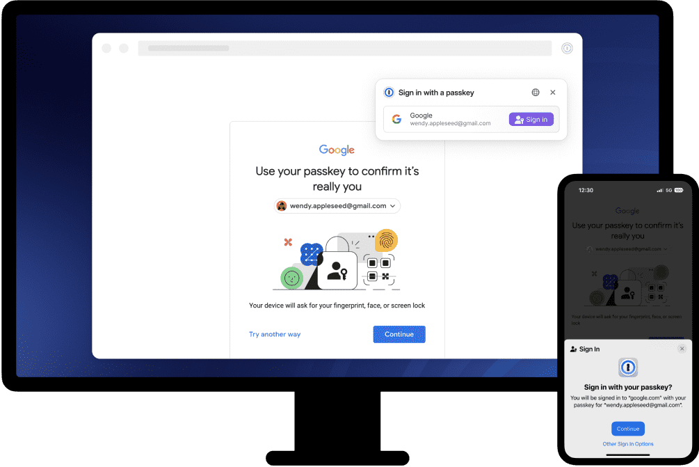 Ảnh minh họa đồng bộ passkey và thông tin đăng nhập giữa nhiều thiết bị. Ảnh: 1Password