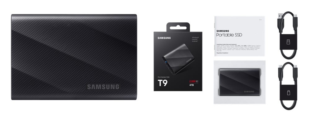 Bộ ổ SSD di động Samsung T9 và cáp kết nối, minh họa phương tiện lưu bản sao có thể tách khỏi máy tính.