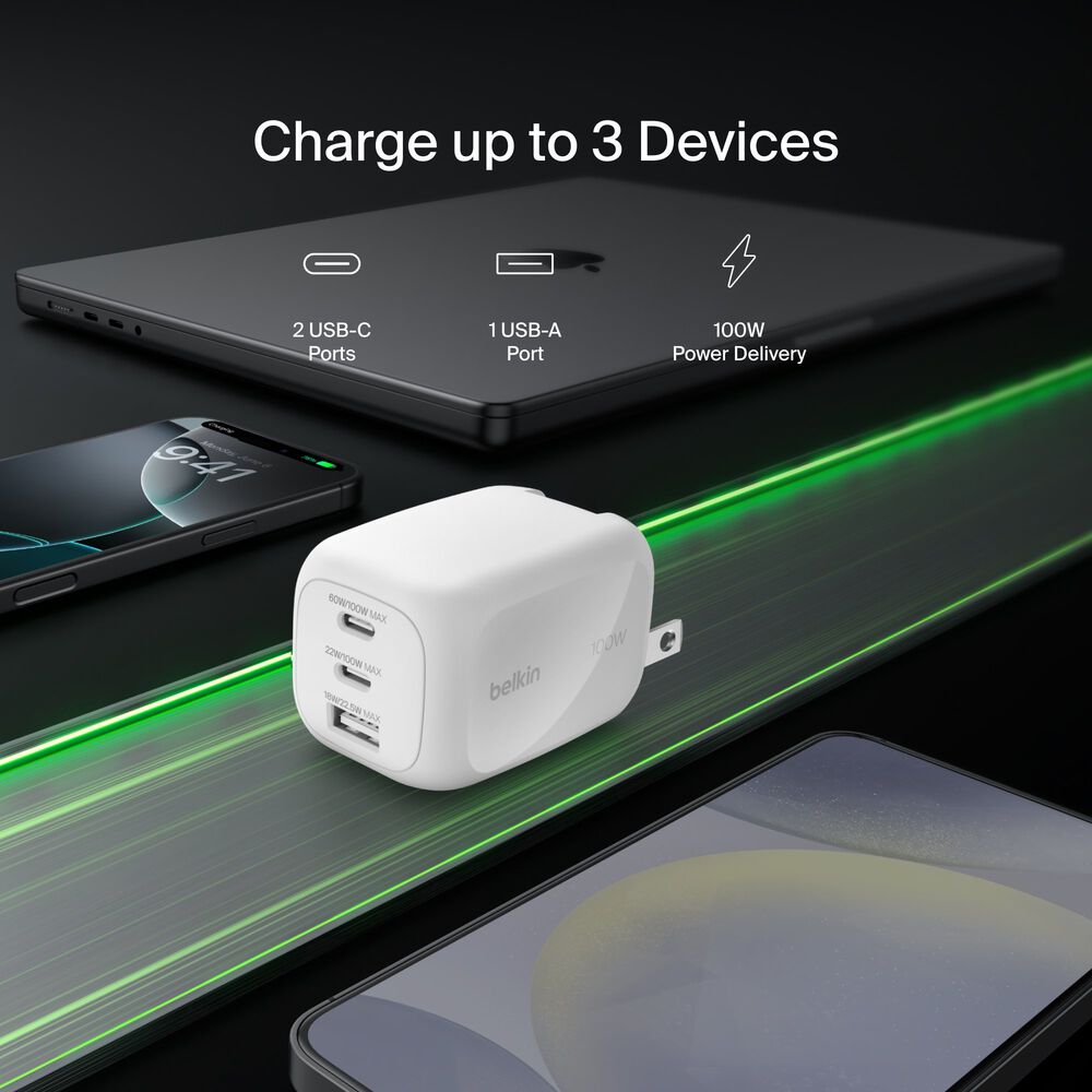 Belkin BoostCharge Pro 100W là ví dụ cho nhóm sạc GaN gọn, nhiều cổng vừa đủ và nhấn mạnh hỗ trợ PPS trên cổng USB-C. Ảnh: Belkin