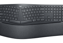 Bàn phím Logitech ERGO K860 với bố cục công thái học; hình minh họa khác biệt về hình dáng và kê cổ tay cần xem xét khi chọn bàn phím làm việc. Ảnh: Logitech