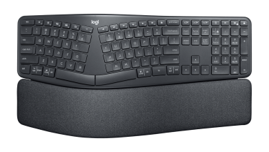Bàn phím Logitech ERGO K860 với bố cục công thái học; hình minh họa khác biệt về hình dáng và kê cổ tay cần xem xét khi chọn bàn phím làm việc. Ảnh: Logitech