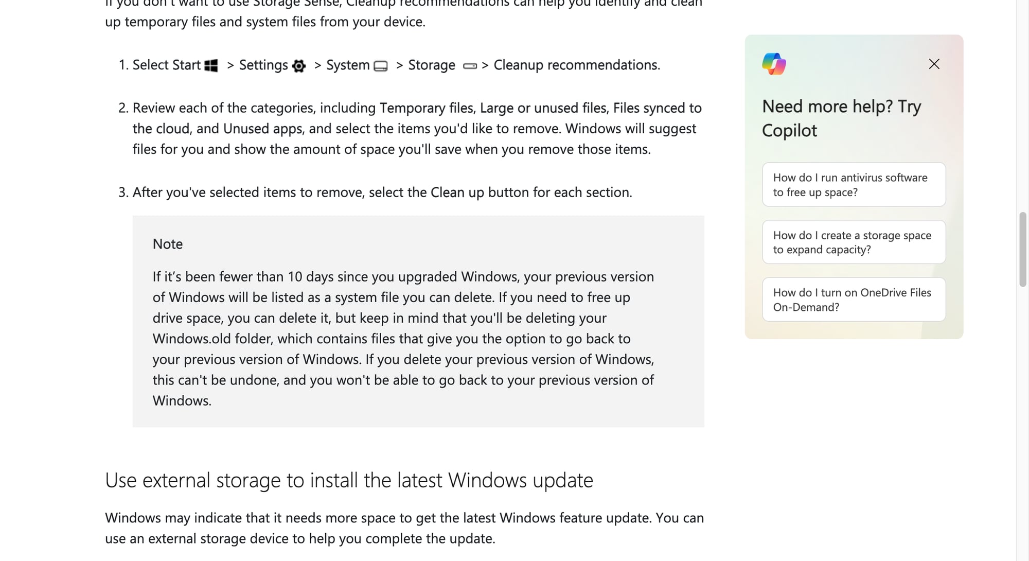 Màn hình Storage Sense trên Windows 11
