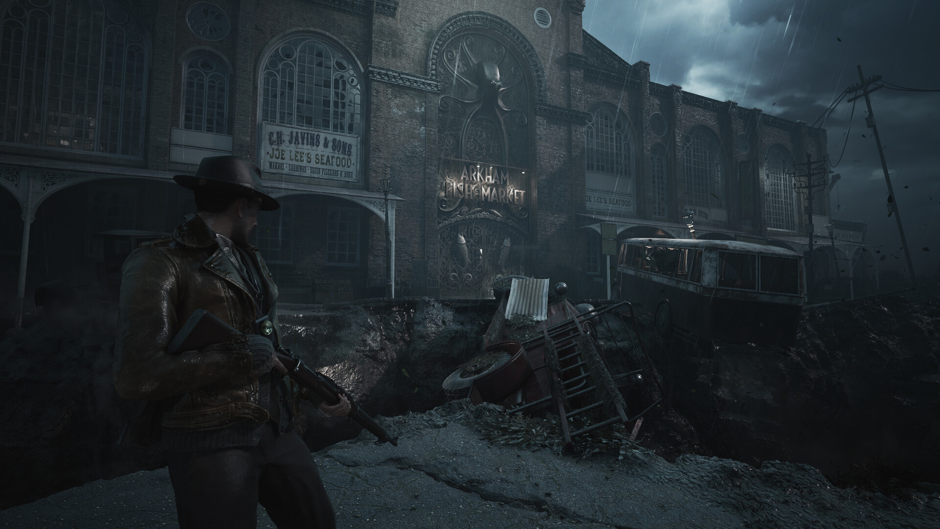Khu chợ cá Arkham đổ nát và ngập nước trong The Sinking City 2. Ảnh: Frogwares/Steam