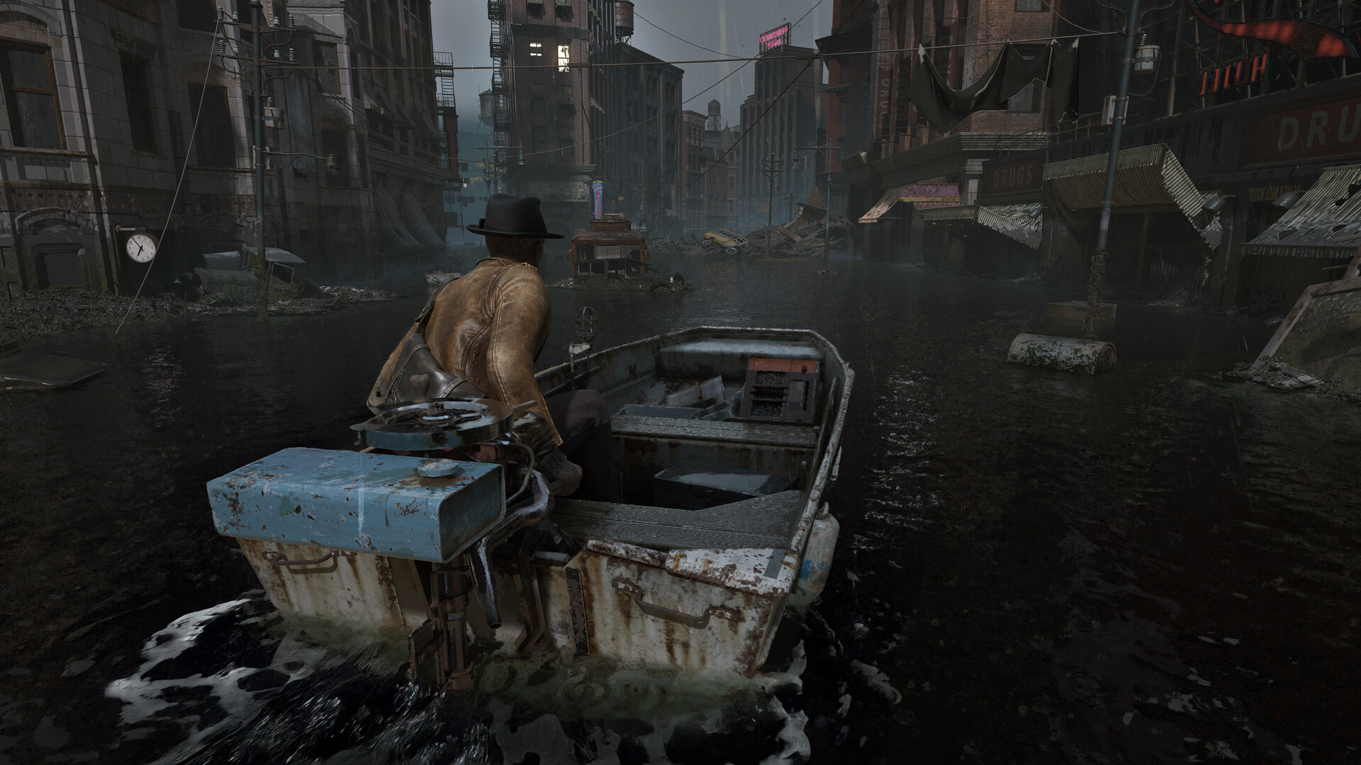 Nhân vật di chuyển bằng thuyền qua thành phố Arkham ngập nước trong The Sinking City 2. Ảnh: Frogwares/Steam
