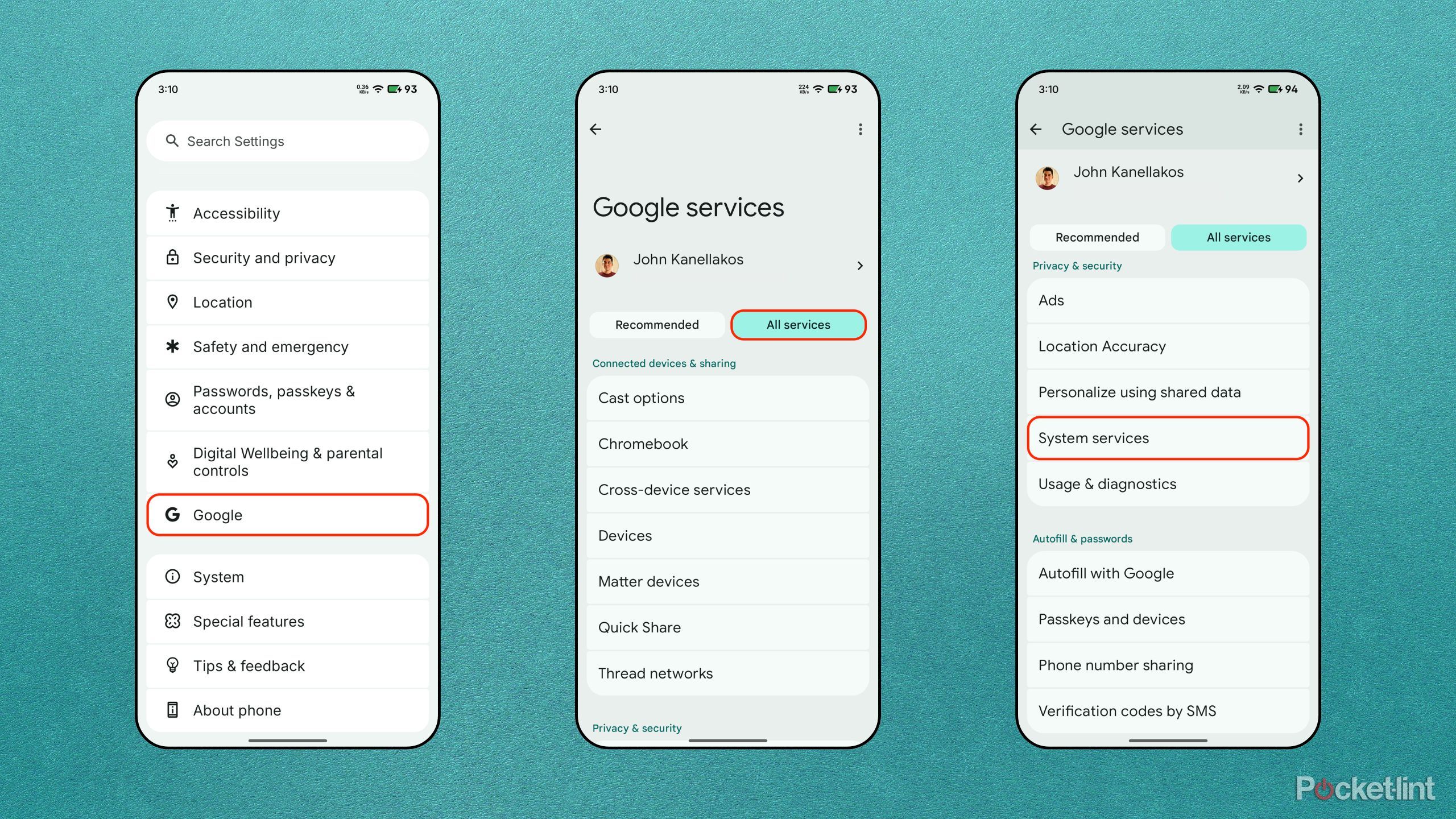 Ảnh chụp màn hình các bước vào System Services trên Android
